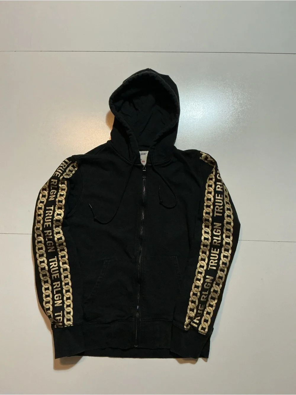 True Religion World Tour Gold Chain Link Fashion Black Full Zip Hoodie
